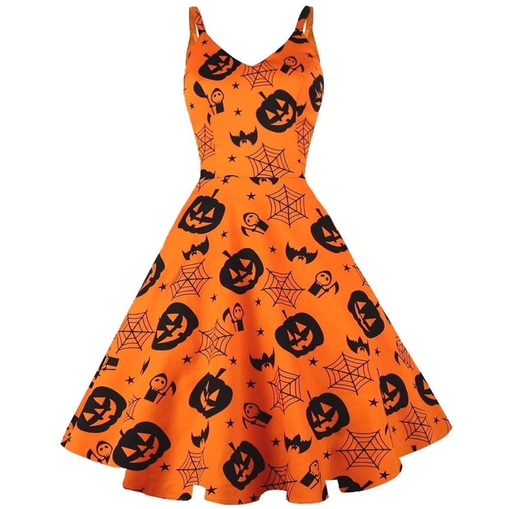 NWOT Women's Halloween Dress Orange Black Dress Pumpkin Spiderweb Mini Goobgs